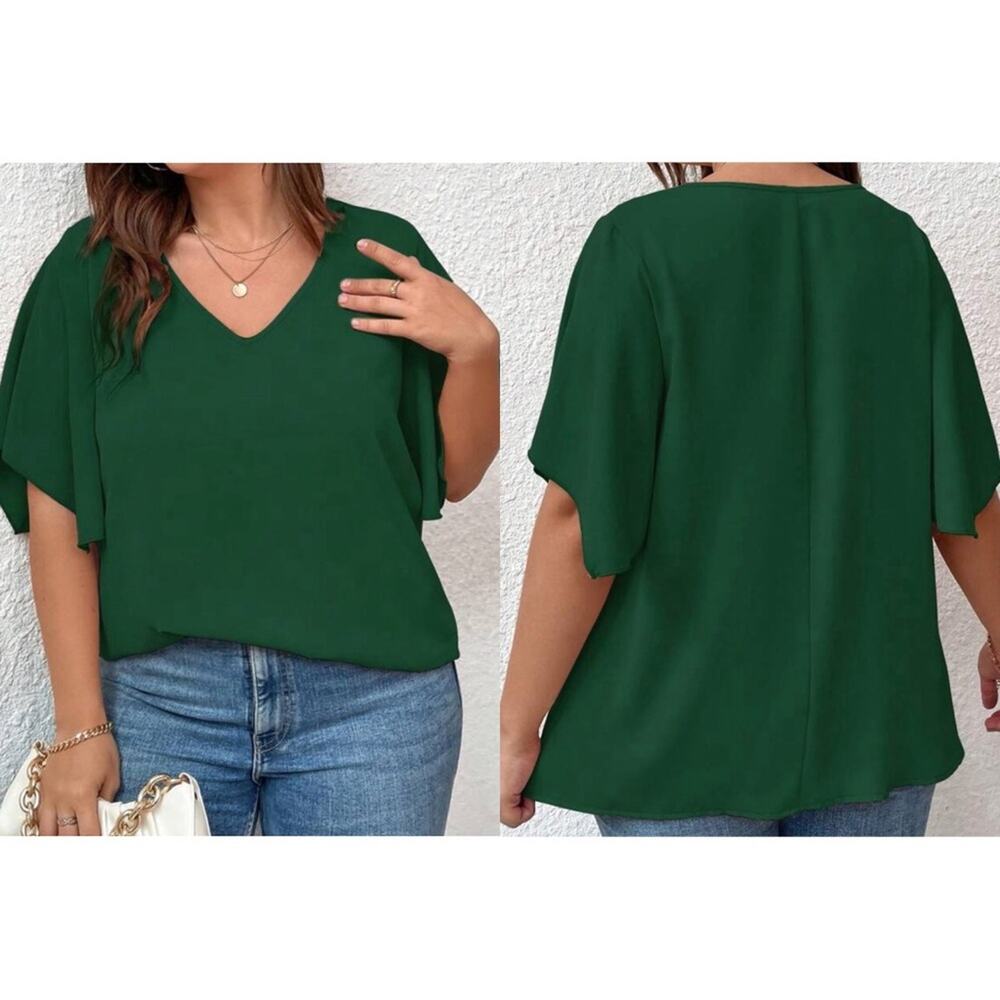 Shein curve butterfly sleeve v neck green blouse size 4 XL